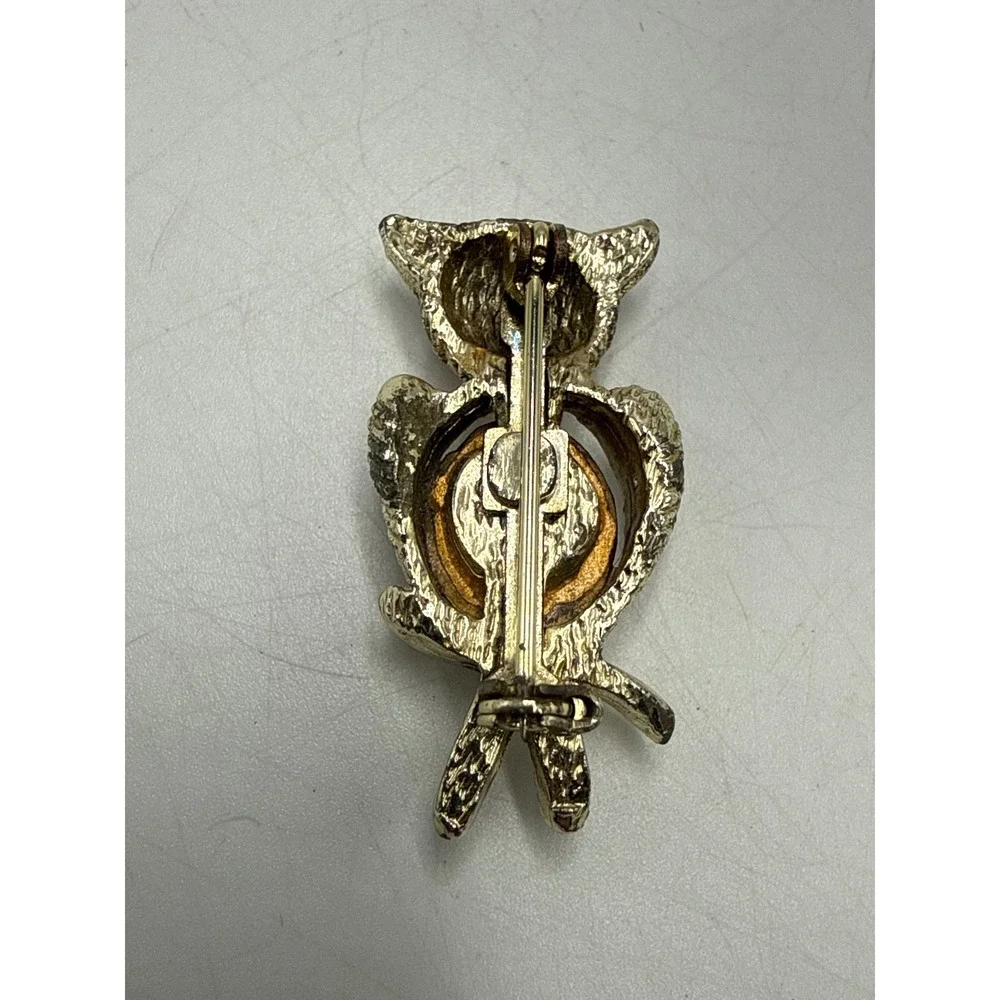 Vintage Gold Tone Owl Brooch Red Cabochon Rhinestone‎ Eye Bird Pin Retro Jewelry